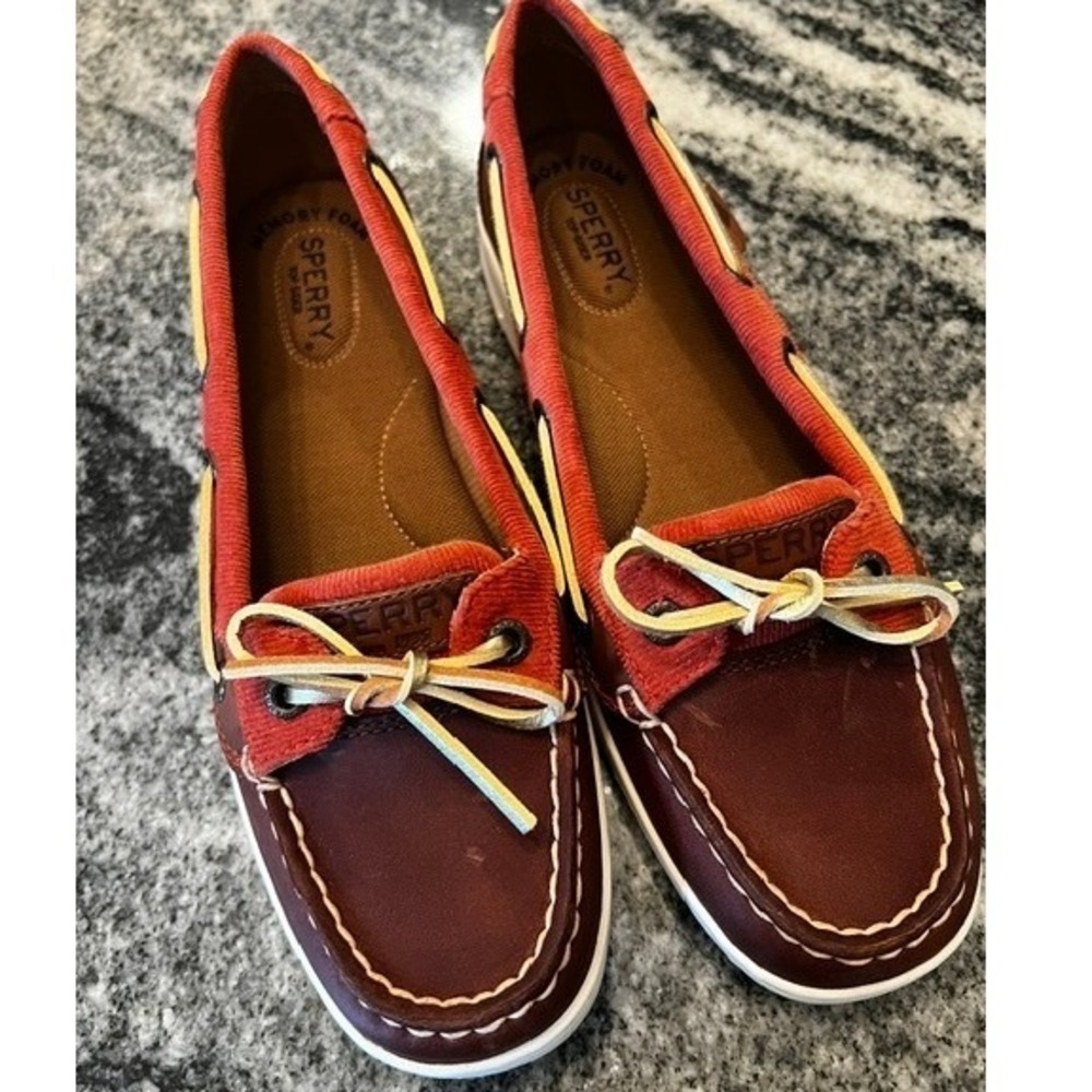 Sperry Boat Shoes Women 7.5 Brown Leather Corduroy Mixed Media Memory Foam W/BOX